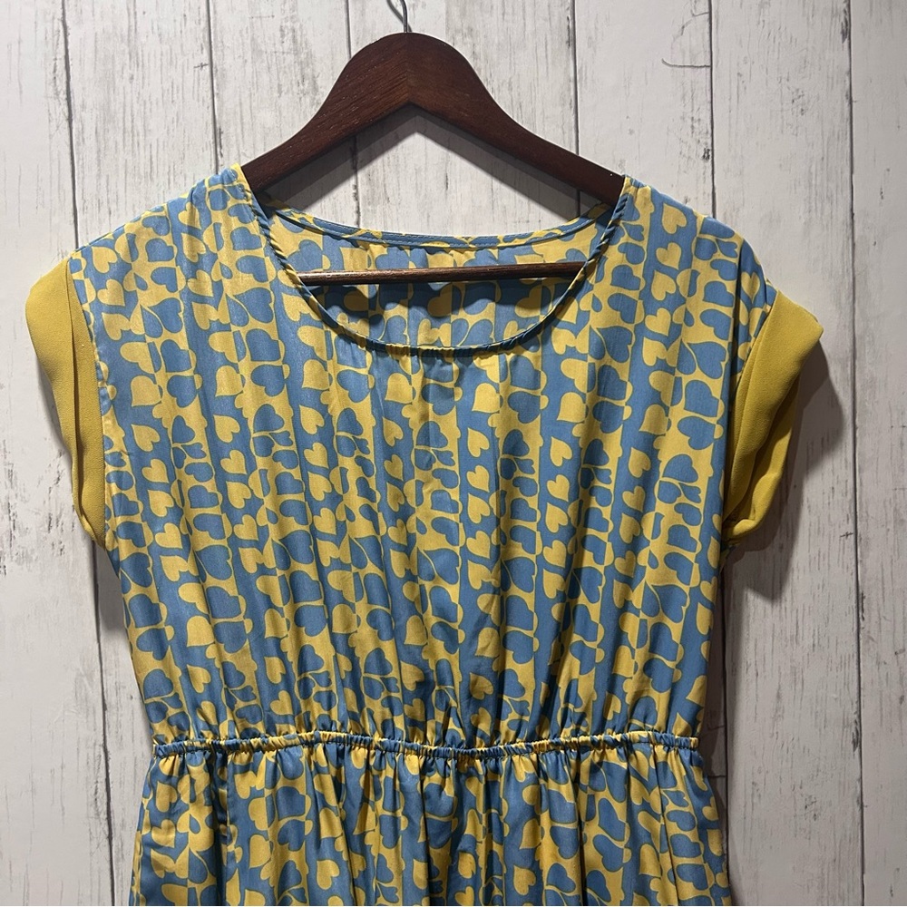 Vintage Silk Blend Pullover Dress Cap Sleeve Elastic Waist Blue Yellow Hearts Sm